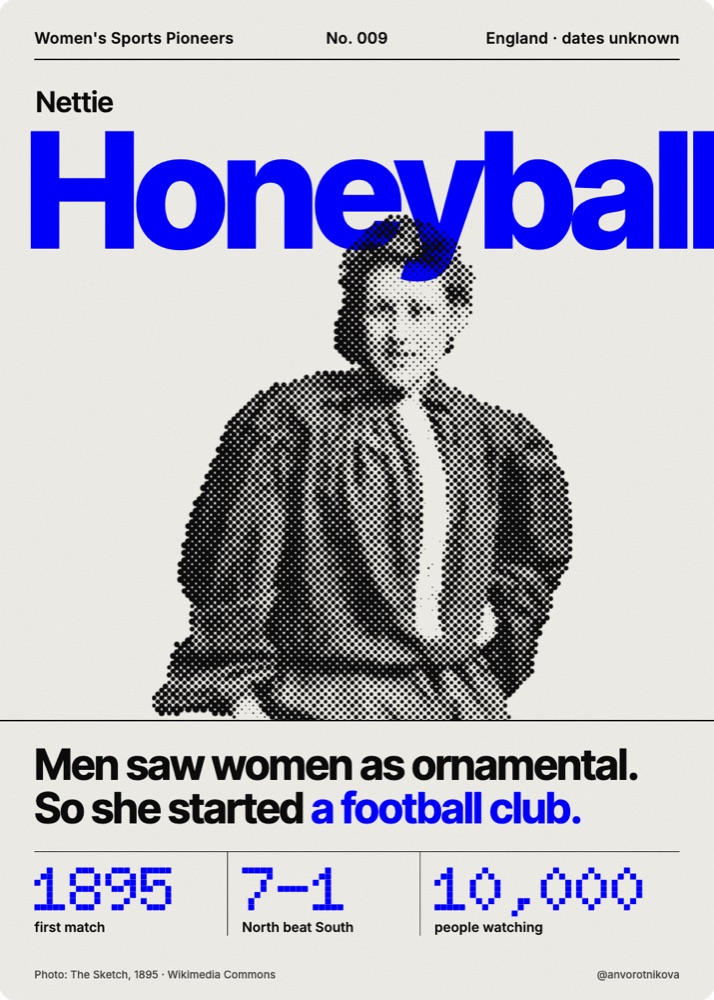 Women's Sports Pioneers card No. 009: Nettie Honeyball. Men saw women as ornamental. So she started a football club.