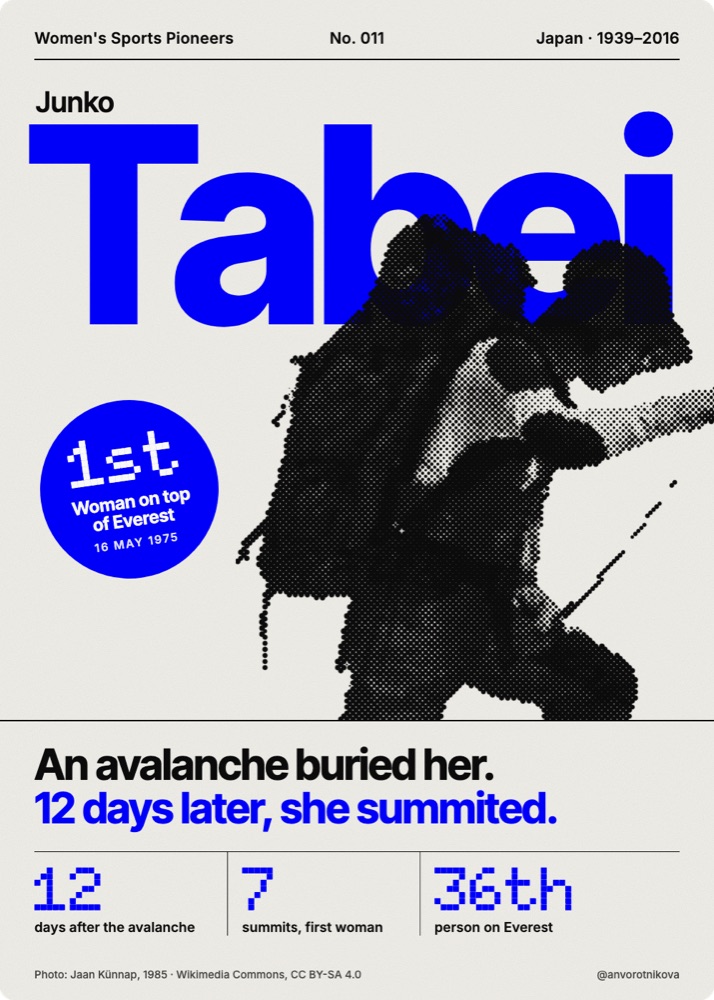 Women's Sports Pioneers card No. 011: Junko Tabei. An avalanche buried her. 12 days later, she summited.